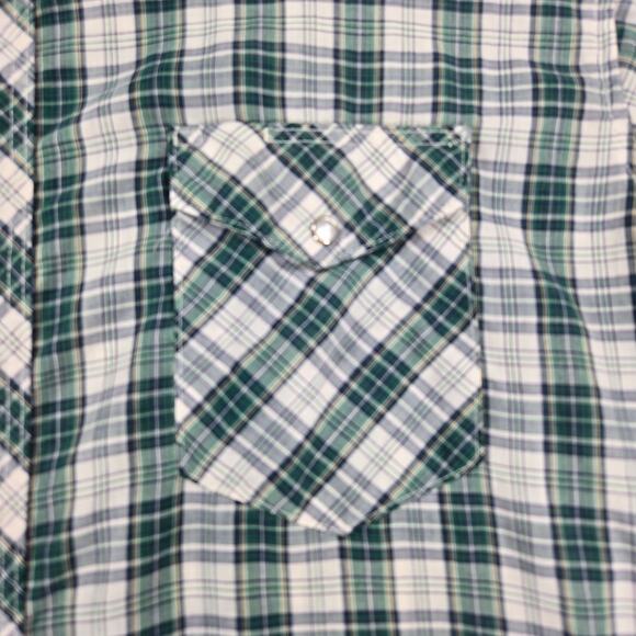 Vintage Wrangler Western Green‎ Plaid Pearl Snap Button Up Shirt Men's Size XL - Picture 2 of 7